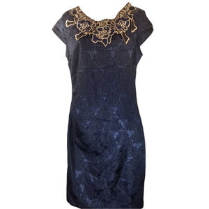 Yomoko Woman Short Sleeve Formal Sequin Dress Stretch Dark Blue Size M